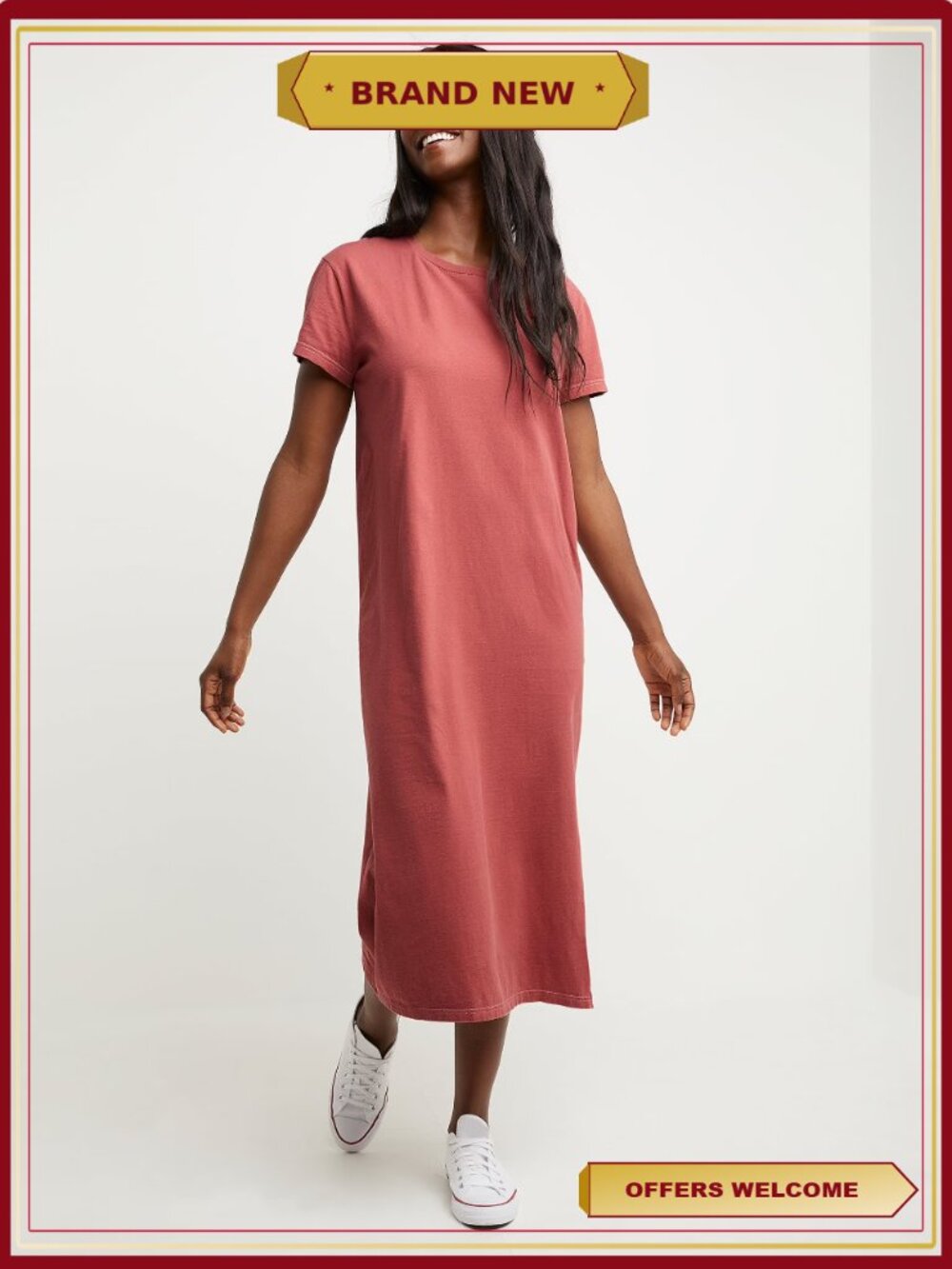 Hanes Garment Dyed Midi Dress Short Sleeve Cotton Relaxed Fit